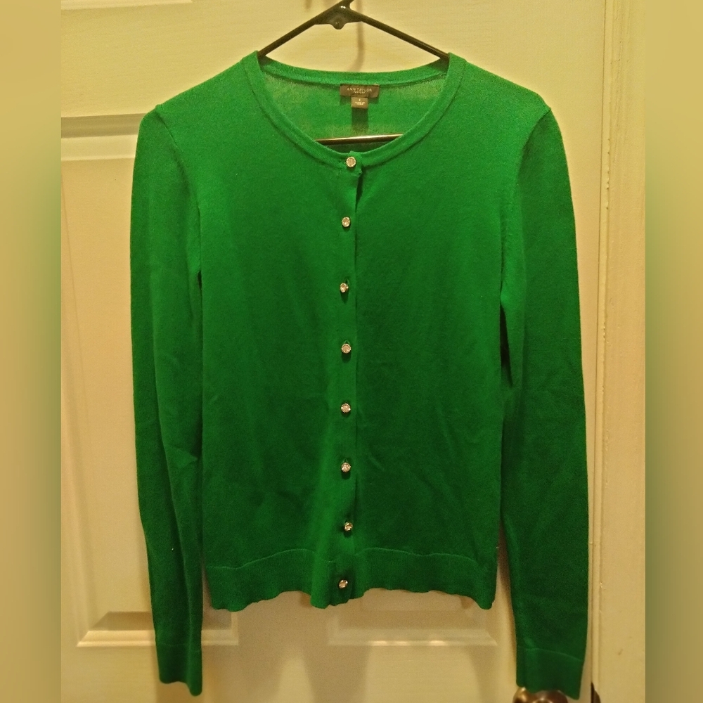 Green Ann Taylor Cardigan Sweater with Sparkle Rhinestone Buttons